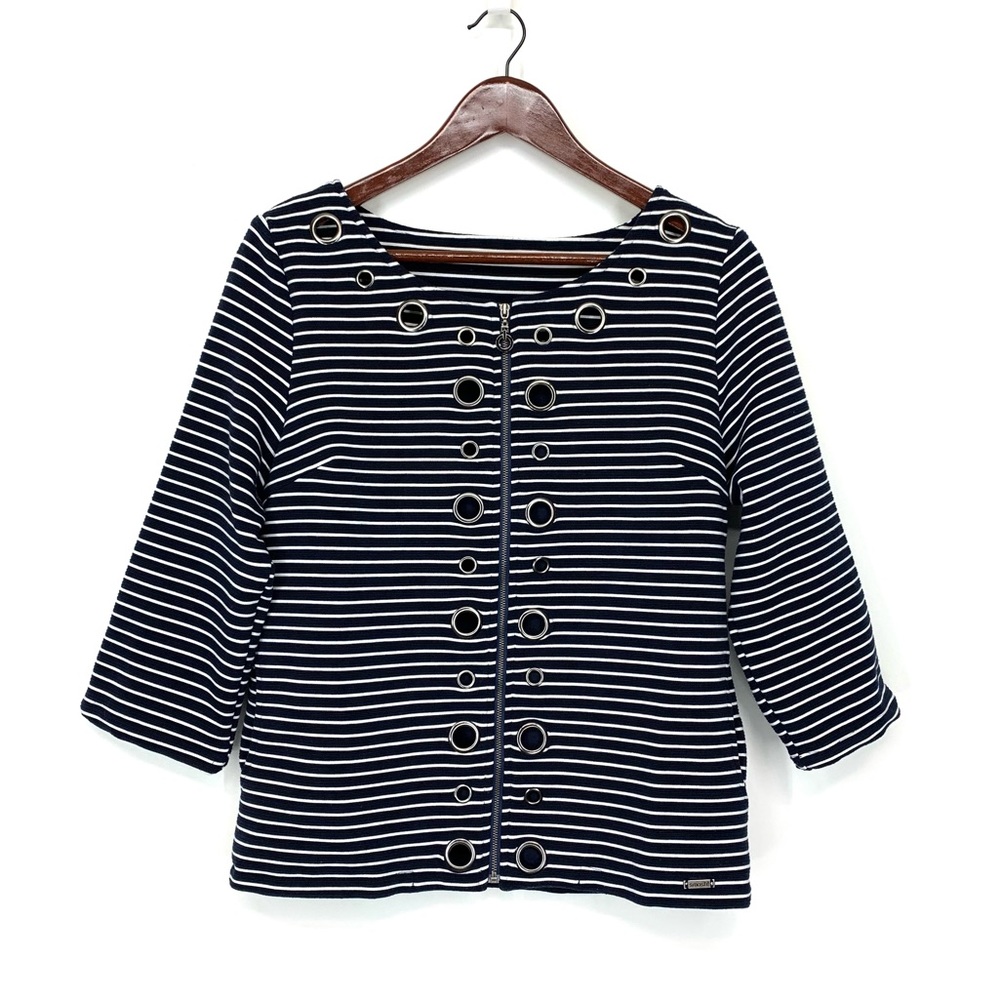 Smash Navy Blue White Stripe Full Zip Coastal Shacket With Grommet Detail